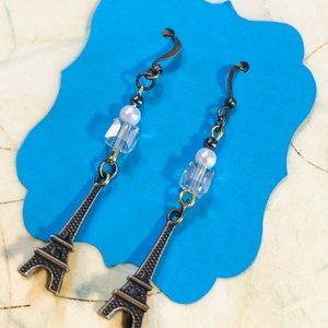 Brass Eiffel Tower Earrings w Crystal & Faux Pearl